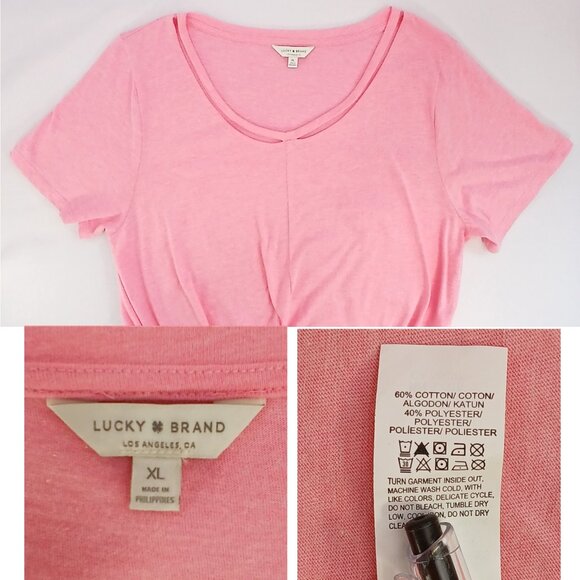 ❤️5/$15💚Lucky Brand Pink Cotton Blend Short Sleeve Tie Front Strappy Tee Blouse - Picture 4 of 6